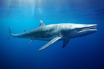 Naklejka premium Majestic ancient shark gliding through serene blue ocean depths. Generative AI