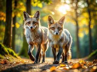 Fototapeta premium A silver and marble fox duo, a breathtaking trot in perfect unison, captured in a stunning nature photograph.