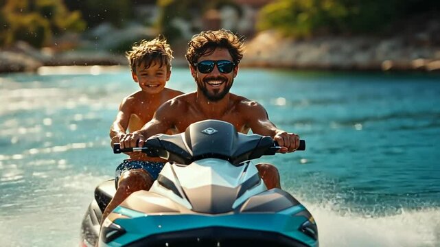 A joyful moment of a man and a boy riding a jet ski on a sunny day.