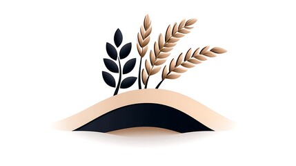Fototapeta premium Minimalist Wheat Illustration Golden Wheat Stalks and Black Leaves on Beige Hill