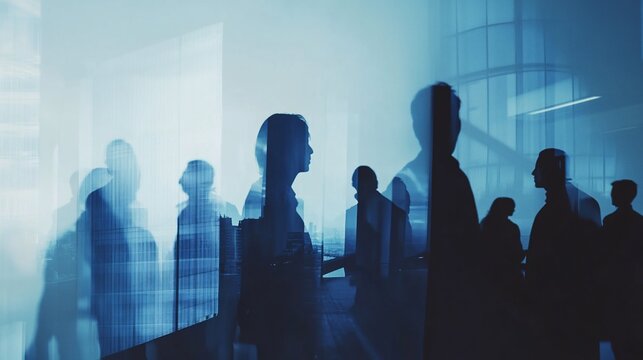 Silhouettes of several people layered in front of a city landscape with blue hues