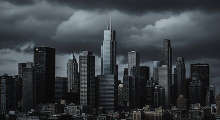Obraz premium Dramatic City Skyline Under Dark Storm Clouds