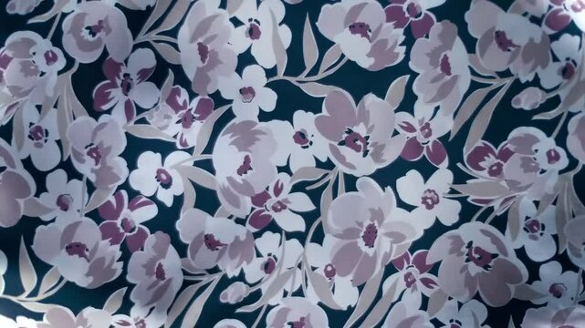 Fabric with a beautiful floral pattern flutters in the wind. Closeup. Macro