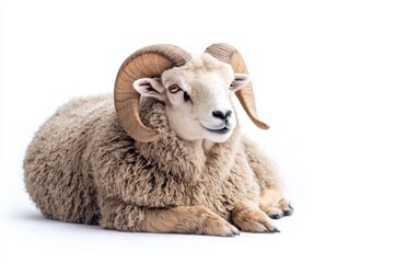 Obraz premium Majestic ram with large horns, resting.