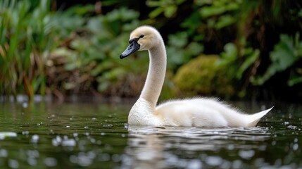Young swan swimming in calm water, lush green background. Nature scene for wildlife, conservation