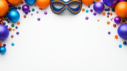 White background with a blue mask and a bunch of colorful balls. The mask is blue and orange, and the balls are of various sizes and colors, including purple, green, and red. The scene is lively