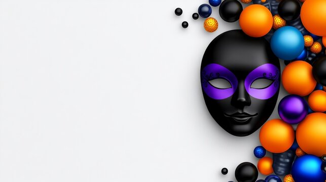 Black and purple mask with orange and blue balls surrounding it. The mask is the main focus of the image, and the balls are scattered around it, creating a sense of depth and dimension