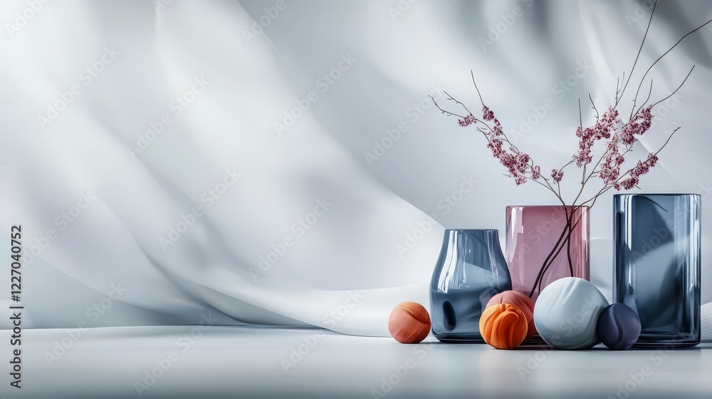 Aufkleber minimalist arrangement of semitransparent objects with vases interior space still life soft lighting