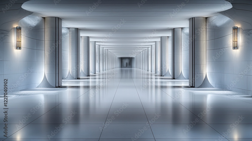 Poster Minimalist architectural lines create tranquil atmosphere in modern hallway interior design photography symmetrical view