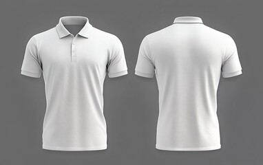 Minimalist white polo shirt displayed on a grey background for fashion and apparel design