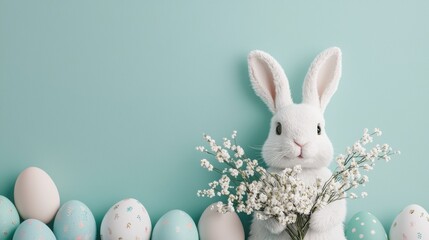 Obraz premium Easter bunny day concept. Adorable Easter Bunny Holding a Bouquet of Spring Flowers on Pastel Mint Background