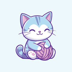 Cute Cat Playing Yarn Ball Cartoon Vector Icon Illustration