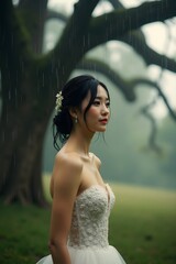 Fototapeta premium A bride in a peaceful park with raindrops delicately touching her gown.