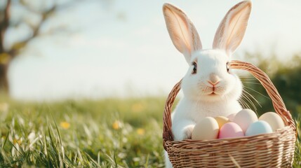 Easter bunny day concept. Adorable Easter Bunny Hopping with a Basket of Colorful Eggs in the Spring Meadow