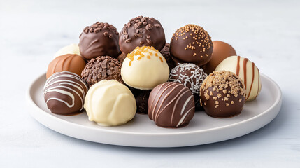 Delicious assortment of chocolate truffles elegantly arranged on a modern plate, showcasing various textures and flavors for dessert lovers