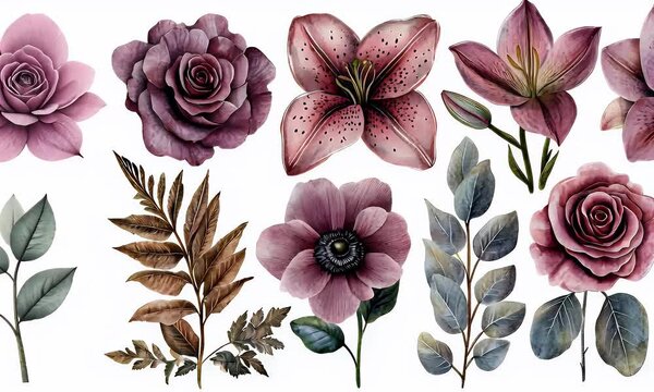 Dusty rose floral collection; lilies, roses, anemones, eucalyptus; white background; design elements