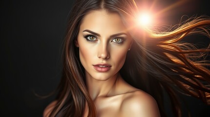 Obraz premium Portrait, beautiful woman, long flowing brown hair, wind-blown, intense gaze, dramatic lighting, glowing