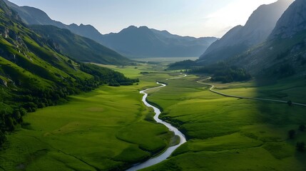 beautiful relaxing landscape wallpaper, A stunning aerial view of a tranquil mountain valley, lush green meadows stretching between towering peaks