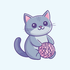 Cute Cat Playing Yarn Ball Cartoon Vector Icon Illustration