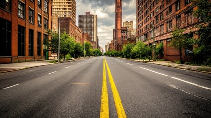 Fototapeta premium Empty Urban Street with Trees and Historic Buildings in Background