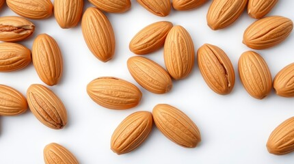 Obraz premium Almonds, close-up, scattered, white background, high detail, macro photography, food photography, 