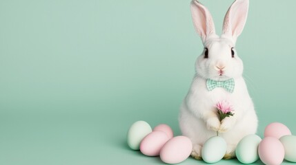 Easter bunny day concept. Adorable White Rabbit with Bowtie Holding a Flower on Green Backdrop