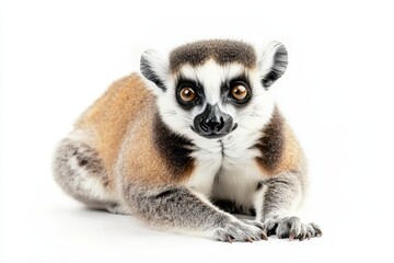 Adorable ring-tailed lemur on white background.