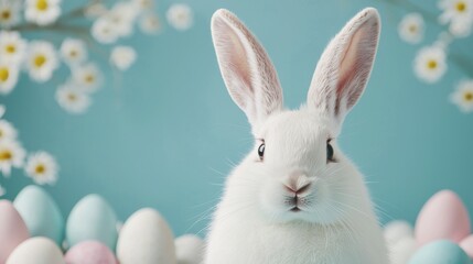 Obraz premium Easter bunny day concept. Adorable White Rabbit with Long Ears Surrounded by Blooming Daisies in Pastoral Spring Setting