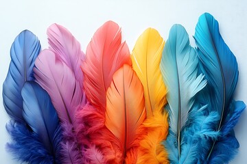 Vibrant collection of colorful feathers displayed in a row