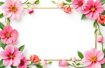 Fototapeta premium Pink spring flowers are arranged in a frame shape, with space for text in the center.