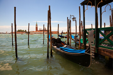 Gondola station at Riva degli Schiavoni, Venice, with San Giorgio Maggiore island and church in background © eyewave