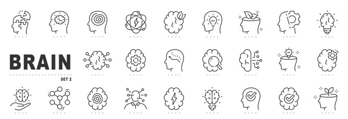 Set of brain related line icons. Intelligence, mind, smart, head etc. Editable stroke. Set 2