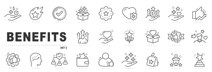 Set of soft benefits line icons. Reward, bonus, badge, award, star etc. Editable stroke. Set 2