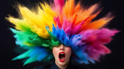 Woman with a rainbow hair is blowing her nose. Concept of humor and playfulness, as the woman's colorful hair and exaggerated facial expression create a comical and lighthearted atmosphere