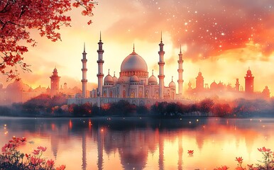 Fototapeta premium Vibrant Illustration of Mosque with Multiple Minarets by Serene Lake During Sunset