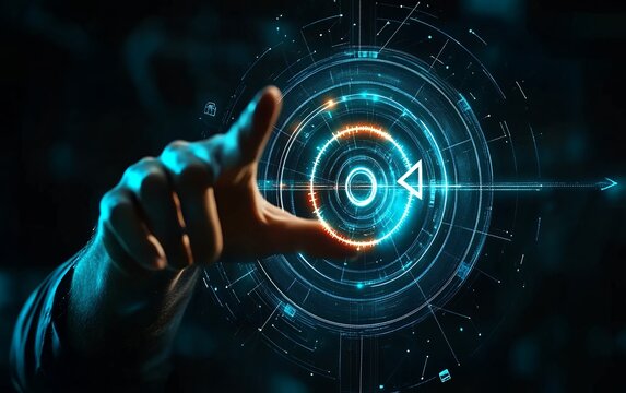 Futuristic digital touchscreen interface with holographic technology, innovation and cyber security concept