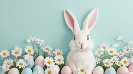Obraz premium Easter bunny day concept. Fluffy Easter Bunny with Long Ears Surrounded by Delicate White Daisies in Pastoral Meadow