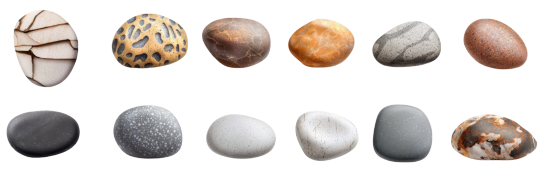 Concept of coastal relaxation with resort peace. A collection of smooth, varied stones showcasing different colors, patterns, and textures arranged in a line.