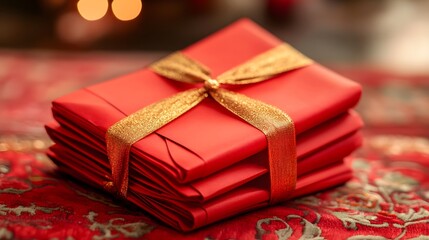 Festive gift package, vibrant red box with gold ribbon, decorated for celebration, perfect for holiday themes and greetings.