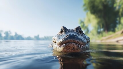 Fototapeta premium Caiman Peeking Above the Water Surface in 16K Resolution
