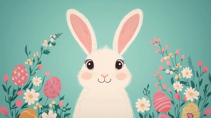 Easter bunny day concept. Whimsical Easter Bunny Cartoon with Floppy Ears and Flowers
