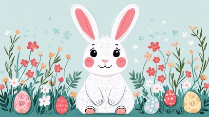 Easter bunny day concept. Whimsical Easter Bunny in Bright Floral Meadow Cartoon
