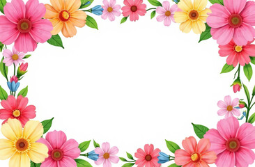 Pink spring flowers are arranged in a frame shape, with space for text in the center.