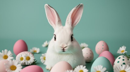 Obraz premium Easter bunny day concept. Whimsical Easter Bunny in Pastel Meadow with Floral Decor