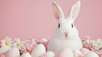 Easter bunny day concept. Whimsical Easter Bunny Nestled Amidst Flowering Plants in a Pastoral Scene