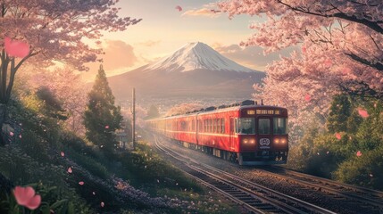 Cherry blossom with Red train in spring in Japan or Korea is the popular view spot,Illustration of Japanese spring,Panorama travel,tour advertising of world famous landmarks of Japan,autumn season.