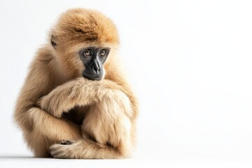 Obraz premium Young gibbon sits quietly on white background.