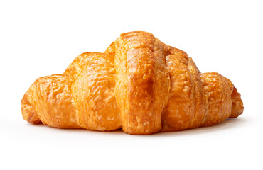 Side view of single brown or golden croissant isolated on white background with clipping path