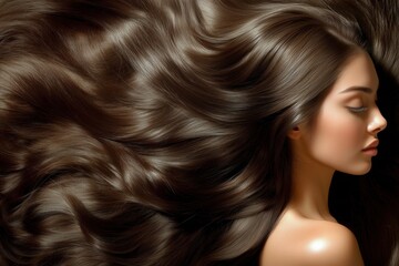 Obraz premium A profile view of a woman with flowing, shiny brown hair against a neutral background.
