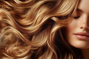 Close-up of a woman with long, wavy, golden hair and soft lips.